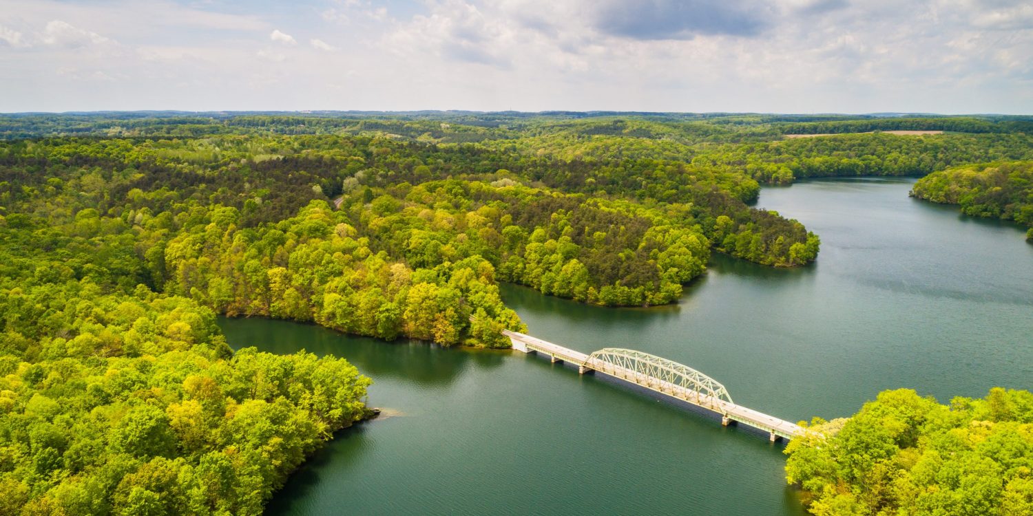 Aerial view of Prettyboy Reservoir and a bridge in Baltimore County, Maryland.